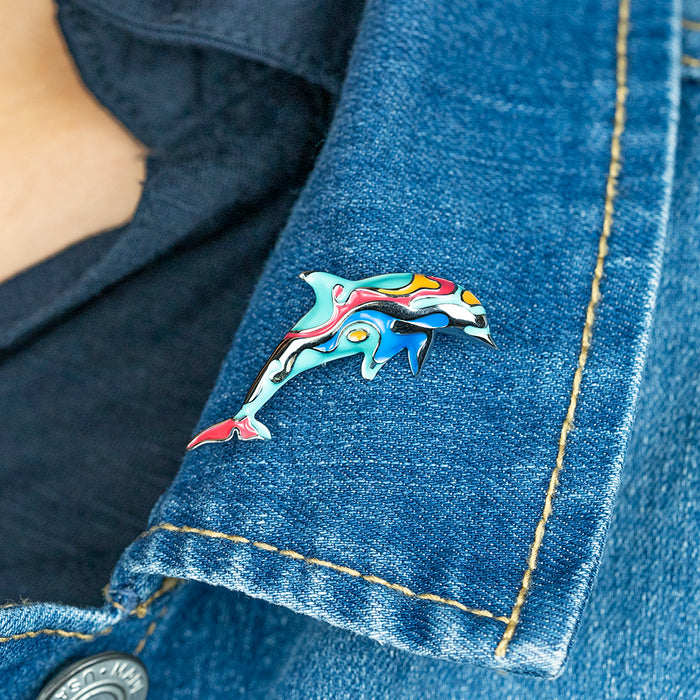 Silver Enamel Dolphin Brooch