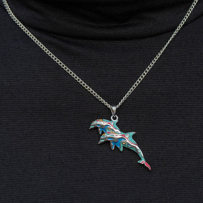 Silver Enamel Two Dolphins Pendant